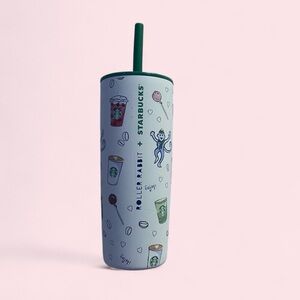 Starbucks White Tumbler with Green Lid and Playful Purple Monkey Design